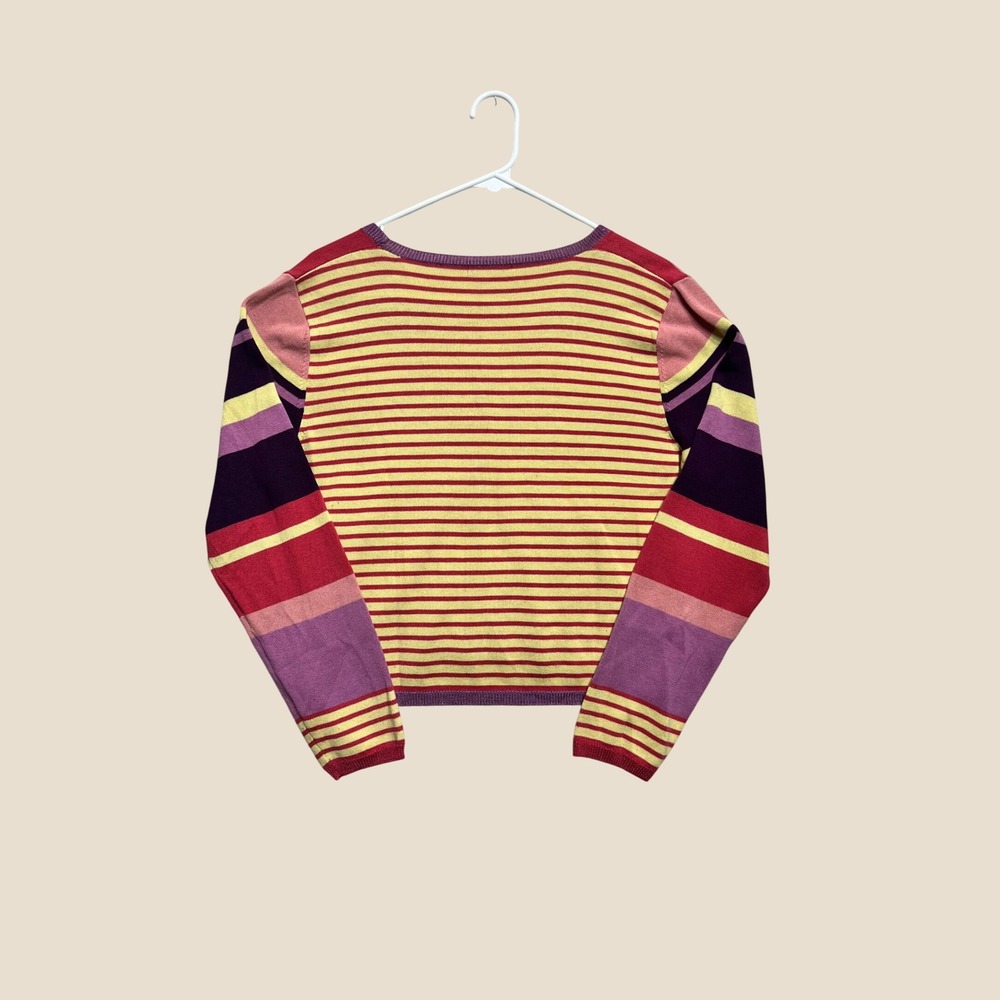 Vintage 90s Colorful Striped Cardigan Sweater V-Neck Purple Pink Yellow Red - Picture 2 of 6